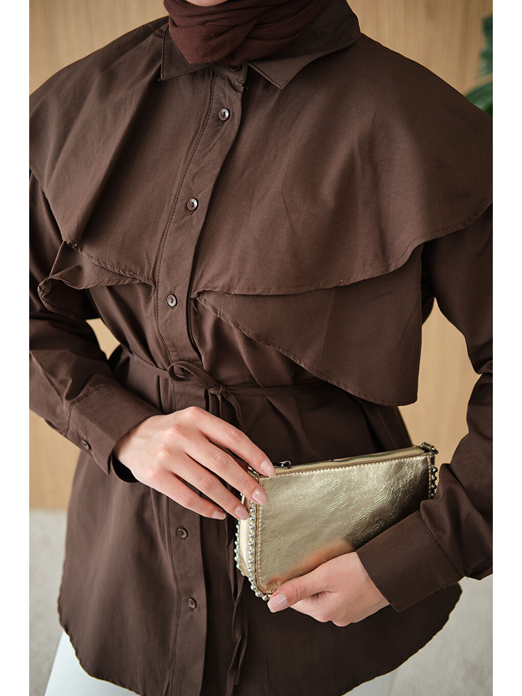 Kadın Pelerin Görünümlü Gömlek Kahverengi-4