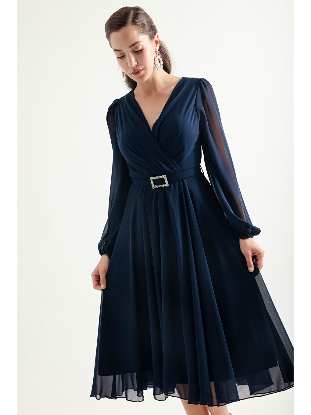 Kadın Lacivert Kemerli Midi Şifon Abiye Elbise-1