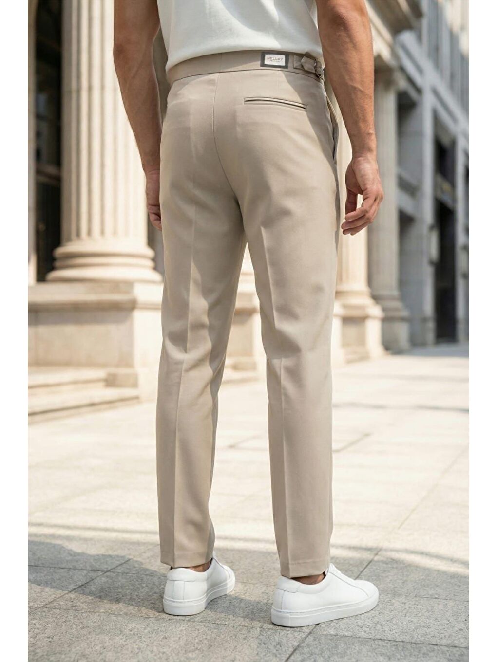 Ekru Gurkha Stil Yan Ayarlı Metal Tokalı Slim Fit Erkek Kumaş Pantolon Özel Kesim Kruvaze Bel-1