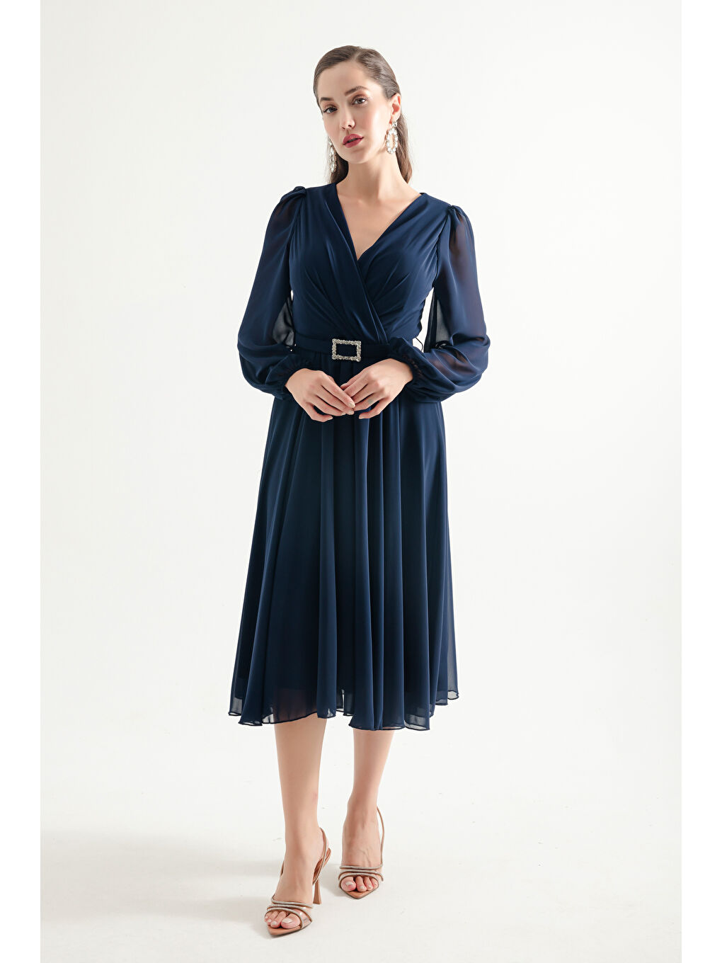 Kadın Lacivert Kemerli Midi Şifon Abiye Elbise-2