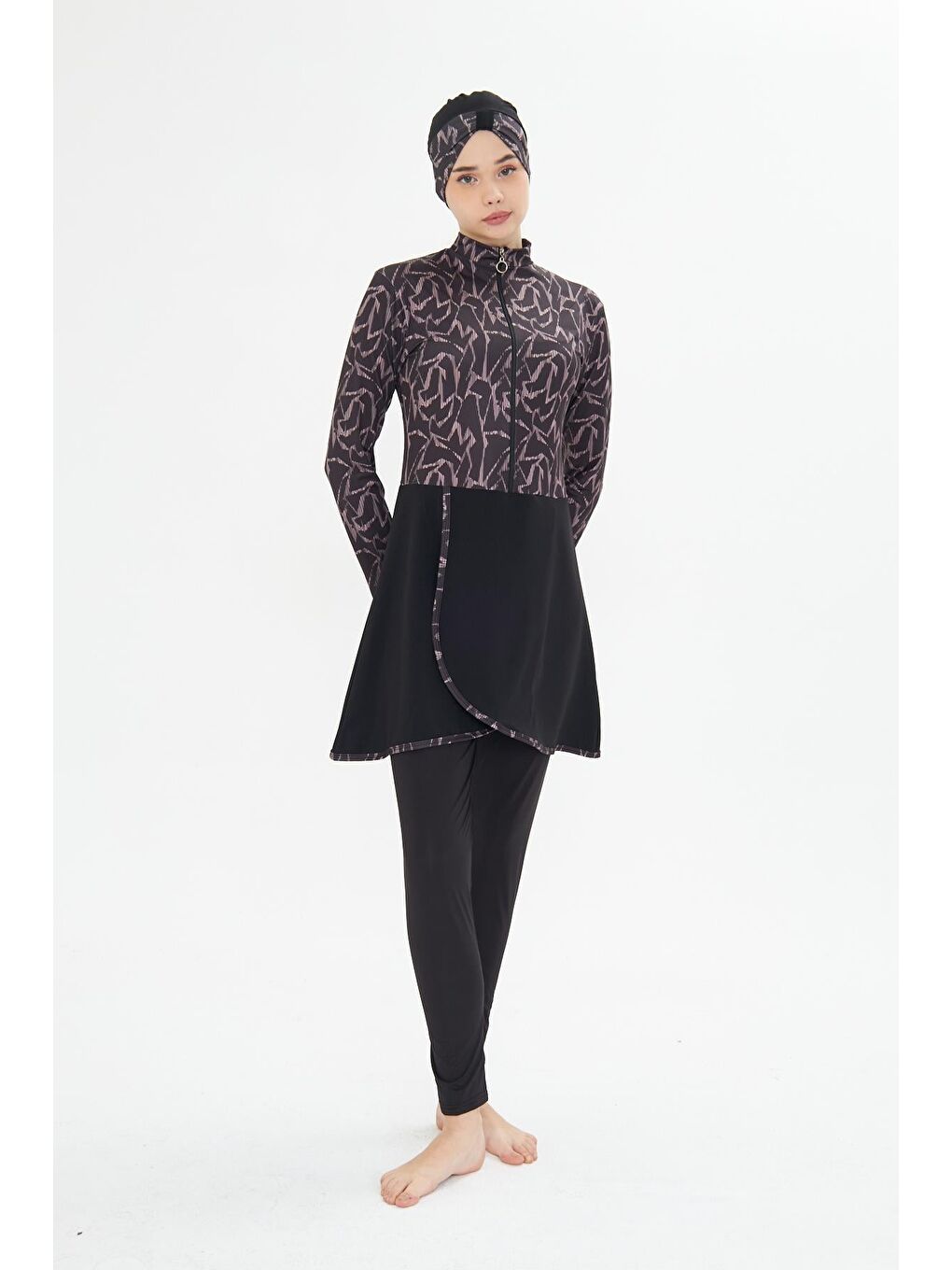 Tam Kapalı Elastanlı Desenli Etekli Tesettür Mayo Siyah 3482-S-4