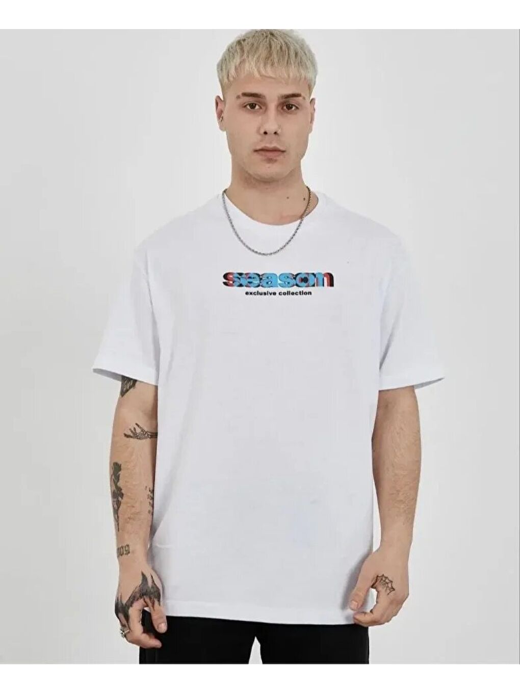 Unisex Bisiklet Yaka Baskılı Oversize T-Shirt - Beyaz