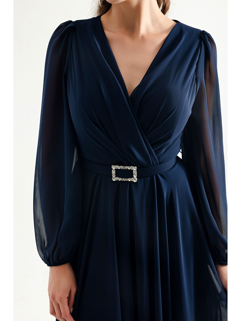 Kadın Lacivert Kemerli Midi Şifon Abiye Elbise-3