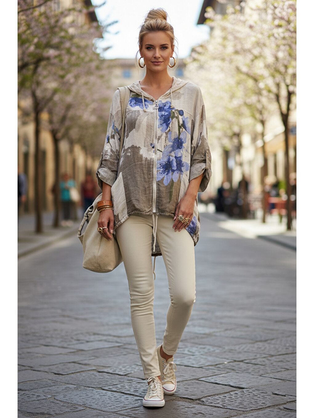 İtalyan Bej-Mavi Kapüşonlu 3/4 Kol Fermuarlı Cepli Casual Keten Görünümlü Dokuma Ceket 68 65-4