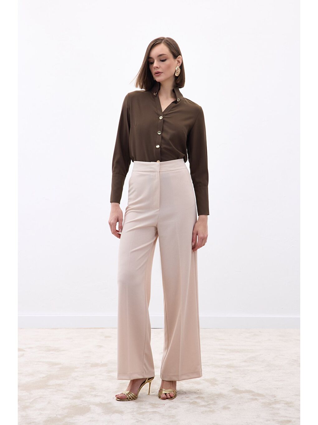 Bej Palazzo Krep Pantolon - Taş-1