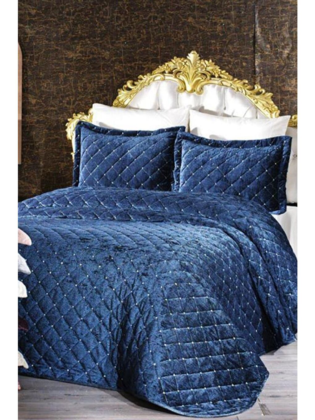 Dessert Kadife Tek Kişilik Yatak Örtüsü Lacivert