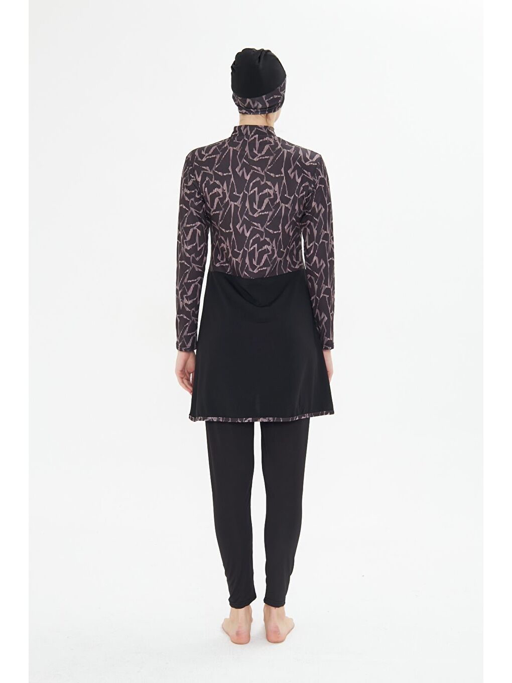 Tam Kapalı Elastanlı Desenli Etekli Tesettür Mayo Siyah 3482-S-5