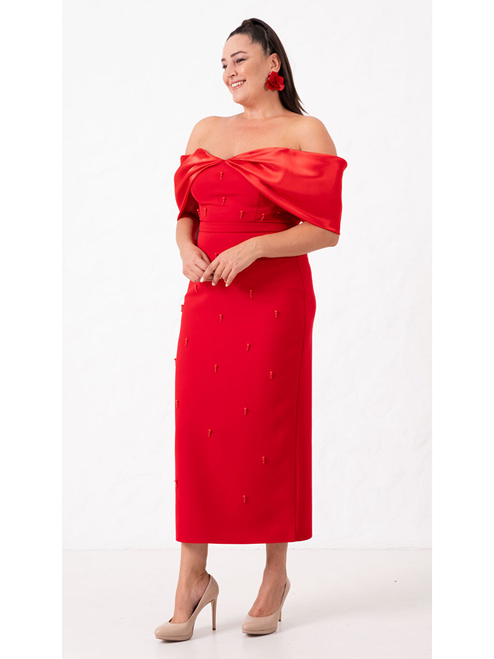 Kadın Kırmızı Kayık Yaka İncili Söz Nişan Nikah Abiye Elbise-1