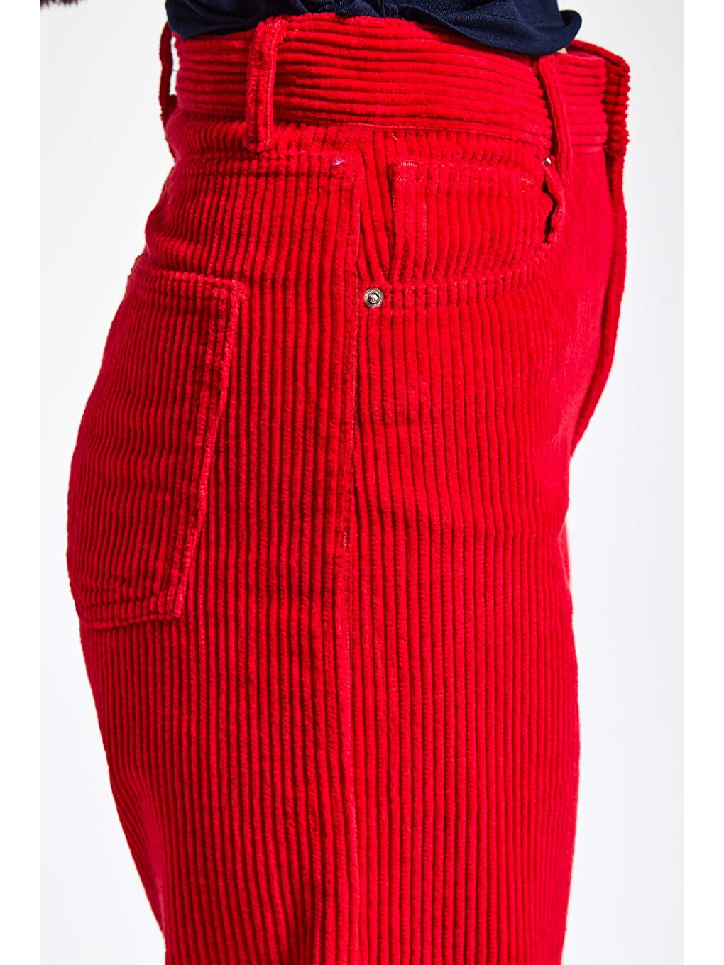 Kadın Kırmızı Doris 26w5-19 Straight Fit Yüksek Bel Kalın Fitilli Kadife Velvet Kumaş Pantolon-3