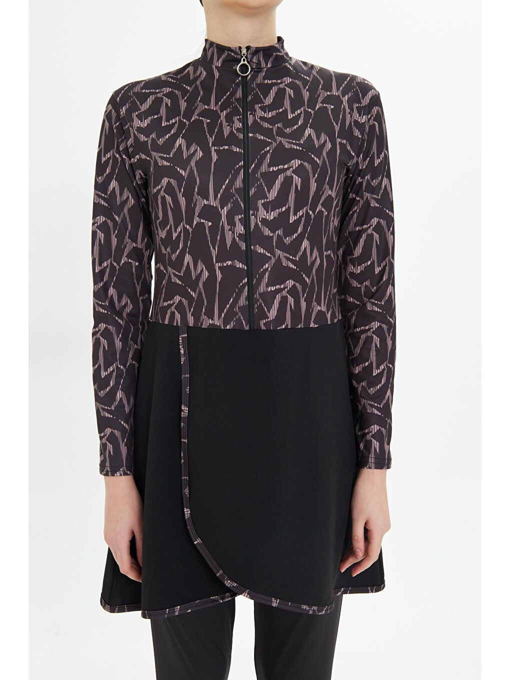 Tam Kapalı Elastanlı Desenli Etekli Tesettür Mayo Siyah 3482-S-6