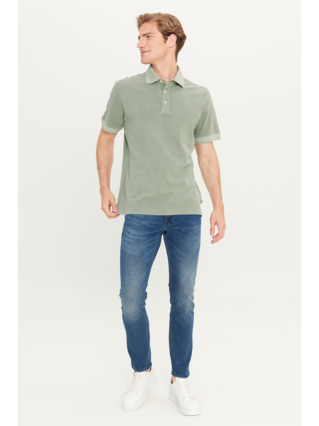 %100 Pamuk Regular Fit Normal Kesim Haki Polo Yaka Tişört-2