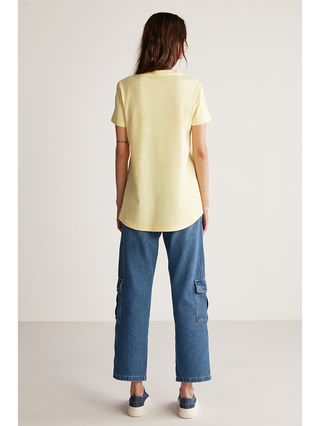 Sarı Samantha Kadın %100 Organik Pamuklu Comfort Fit Arkası Uzun Basic Örme AÇIK SARI T-Shirt-4