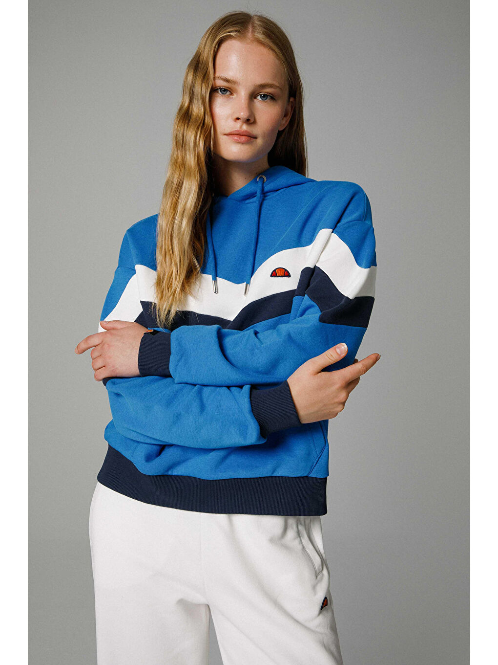 Mavi Pamuklu Renk Bloklu Oversize Fit Kapüşonlu Sweat EF178-SBL-2