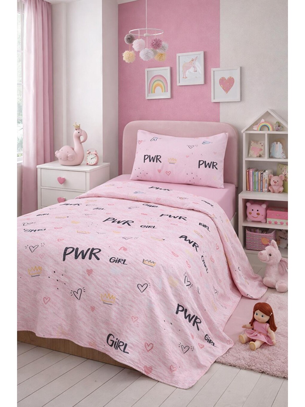 Tek Kişilik Pamuklu Pike - Girl Power Temalı Pembe