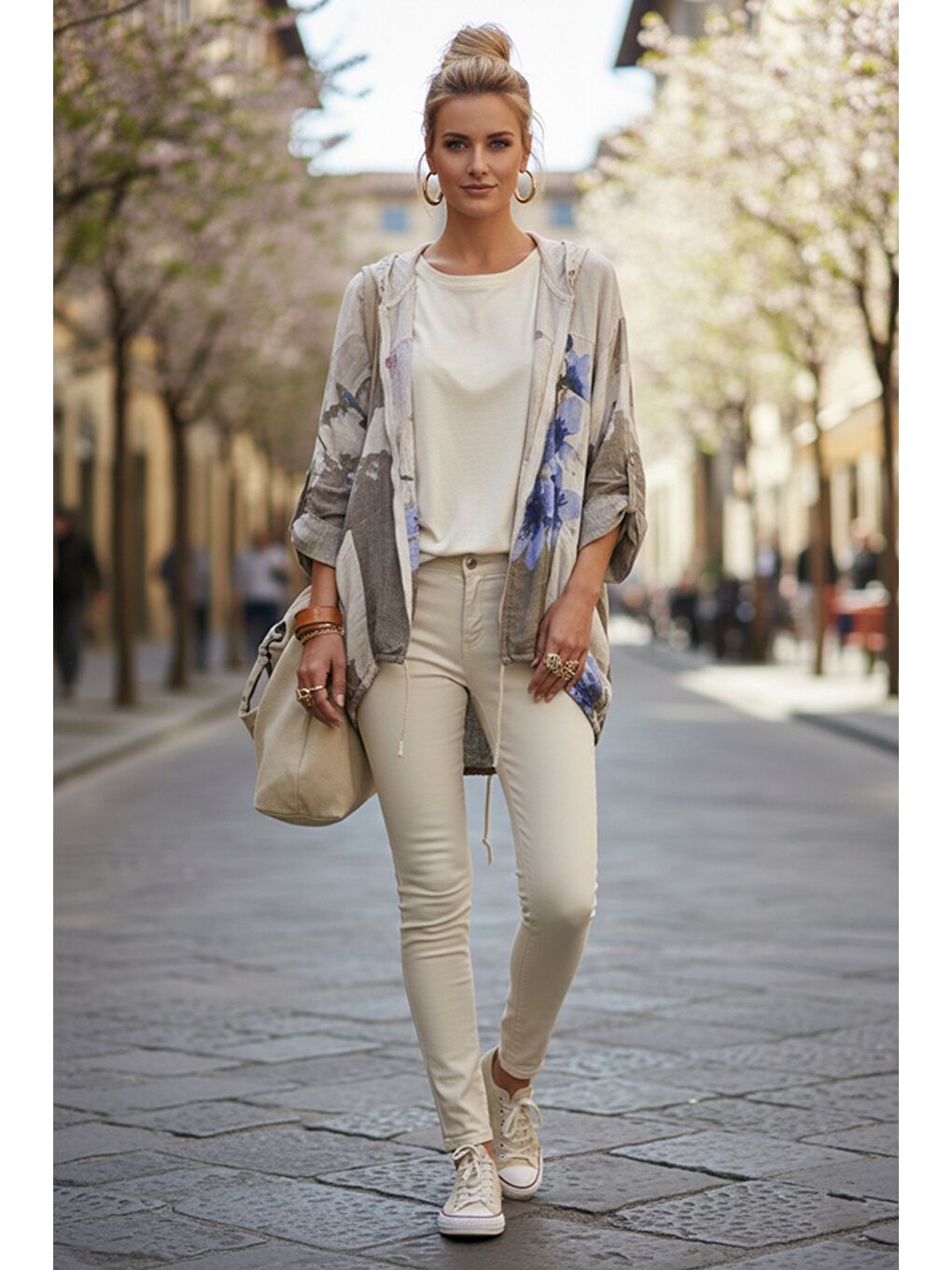 İtalyan Bej-Mavi Kapüşonlu 3/4 Kol Fermuarlı Cepli Casual Keten Görünümlü Dokuma Ceket 68 65-5