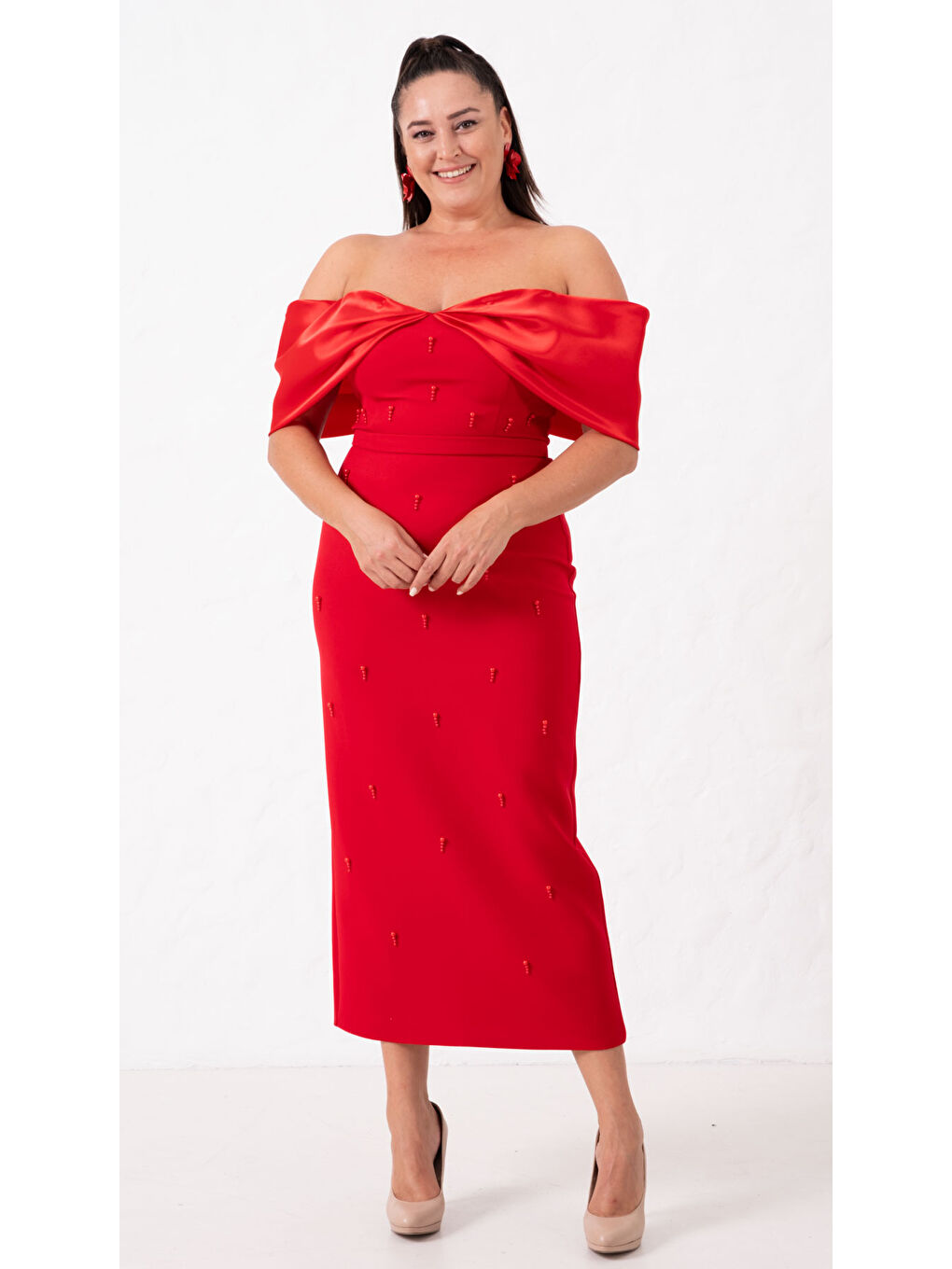 Kadın Kırmızı Kayık Yaka İncili Söz Nişan Nikah Abiye Elbise-2