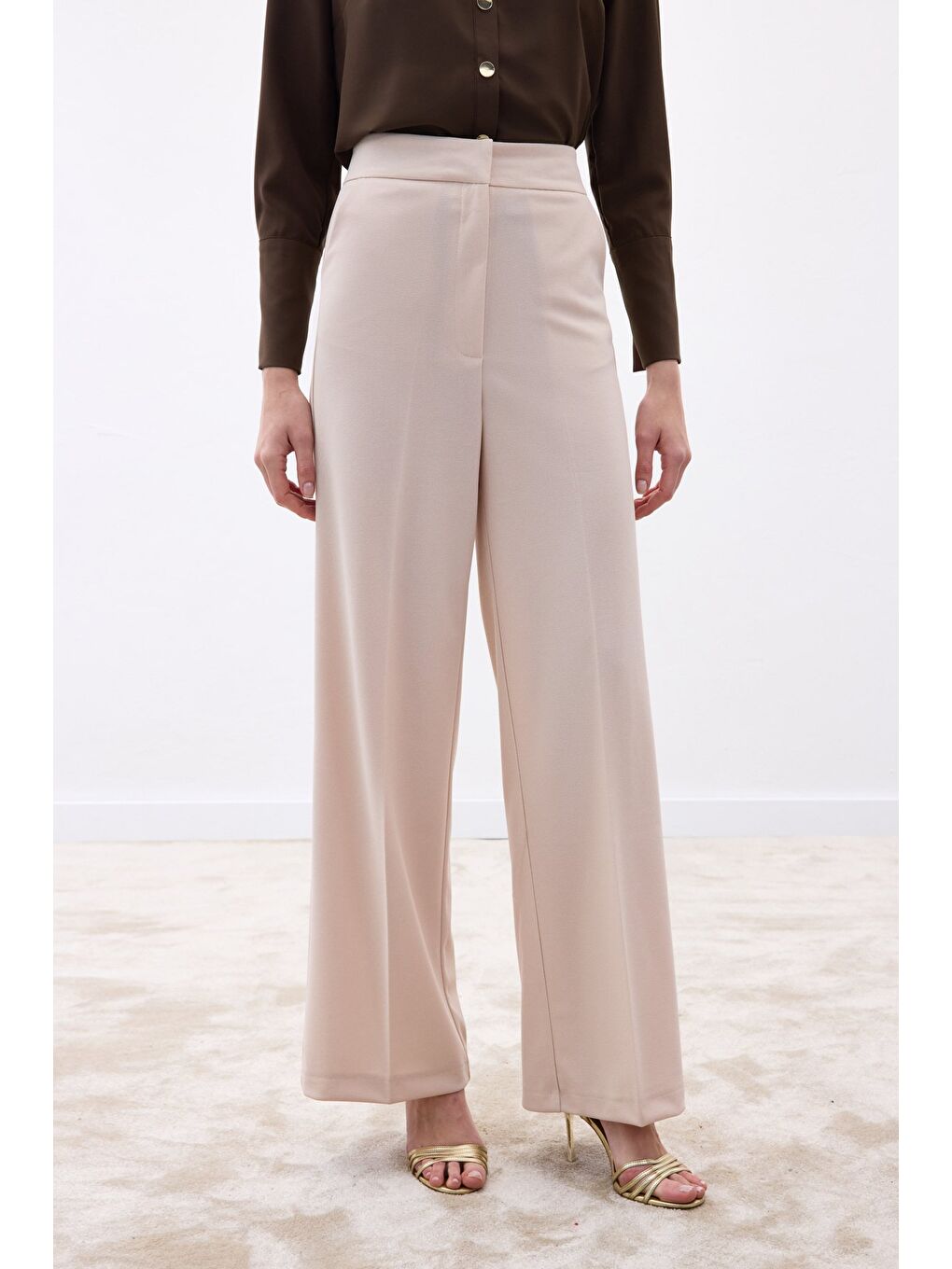 Bej Palazzo Krep Pantolon - Taş-3