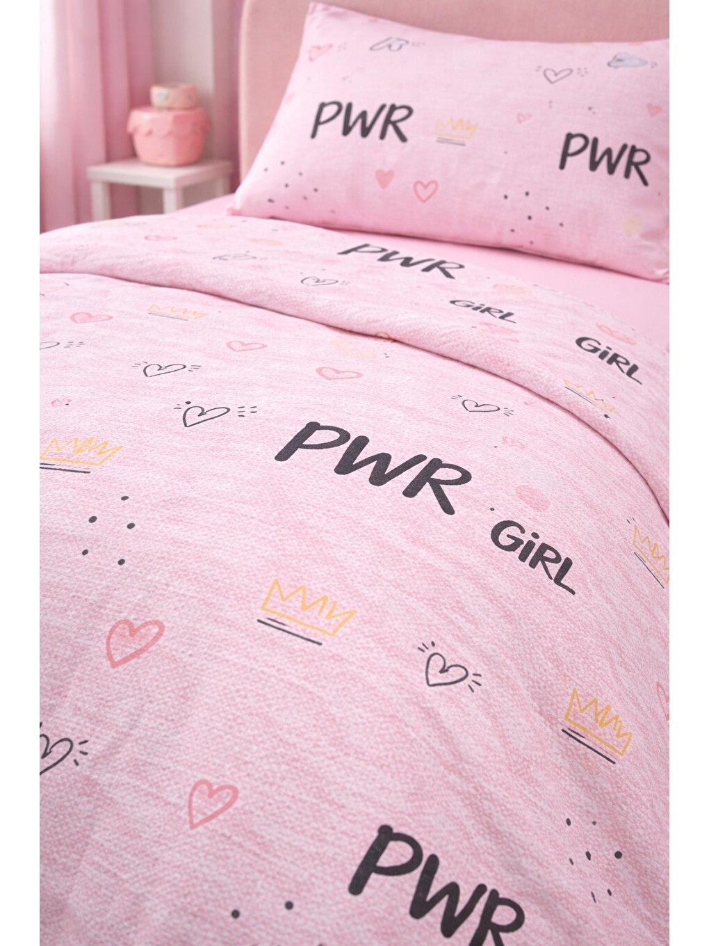 Tek Kişilik Pamuklu Pike - Girl Power Temalı Pembe-1