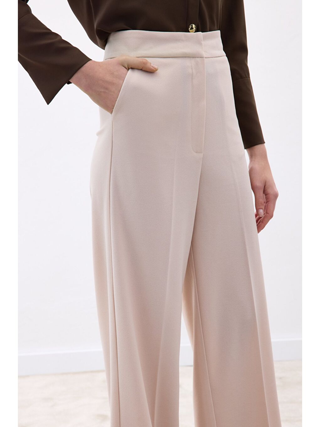 Bej Palazzo Krep Pantolon - Taş-4