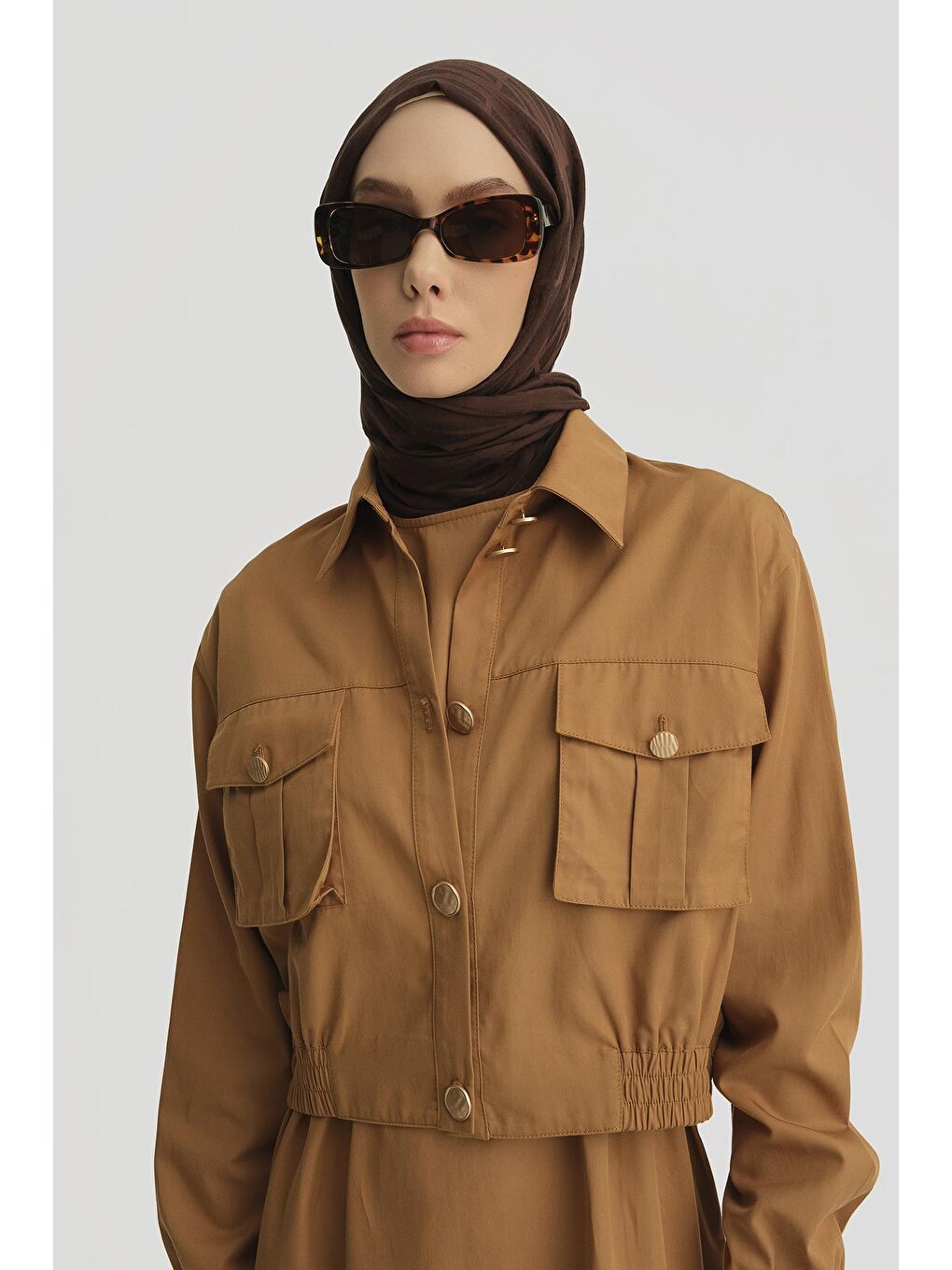 Kahverengi İçi Elbiseli Bomber Ceketli Lyocell Takım 25Y6001 Taba-3