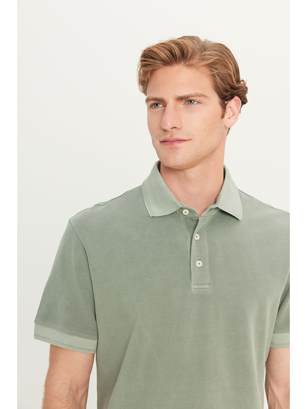 %100 Pamuk Regular Fit Normal Kesim Haki Polo Yaka Tişört-3