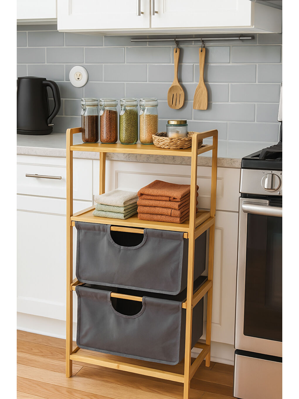 Kahverengi Pbt-714 Ahşap Bambu 3 Raflı Çok Amaçlı Düzenleyici Organizer Banyo Mutfak Dolabı Sebzelik-1