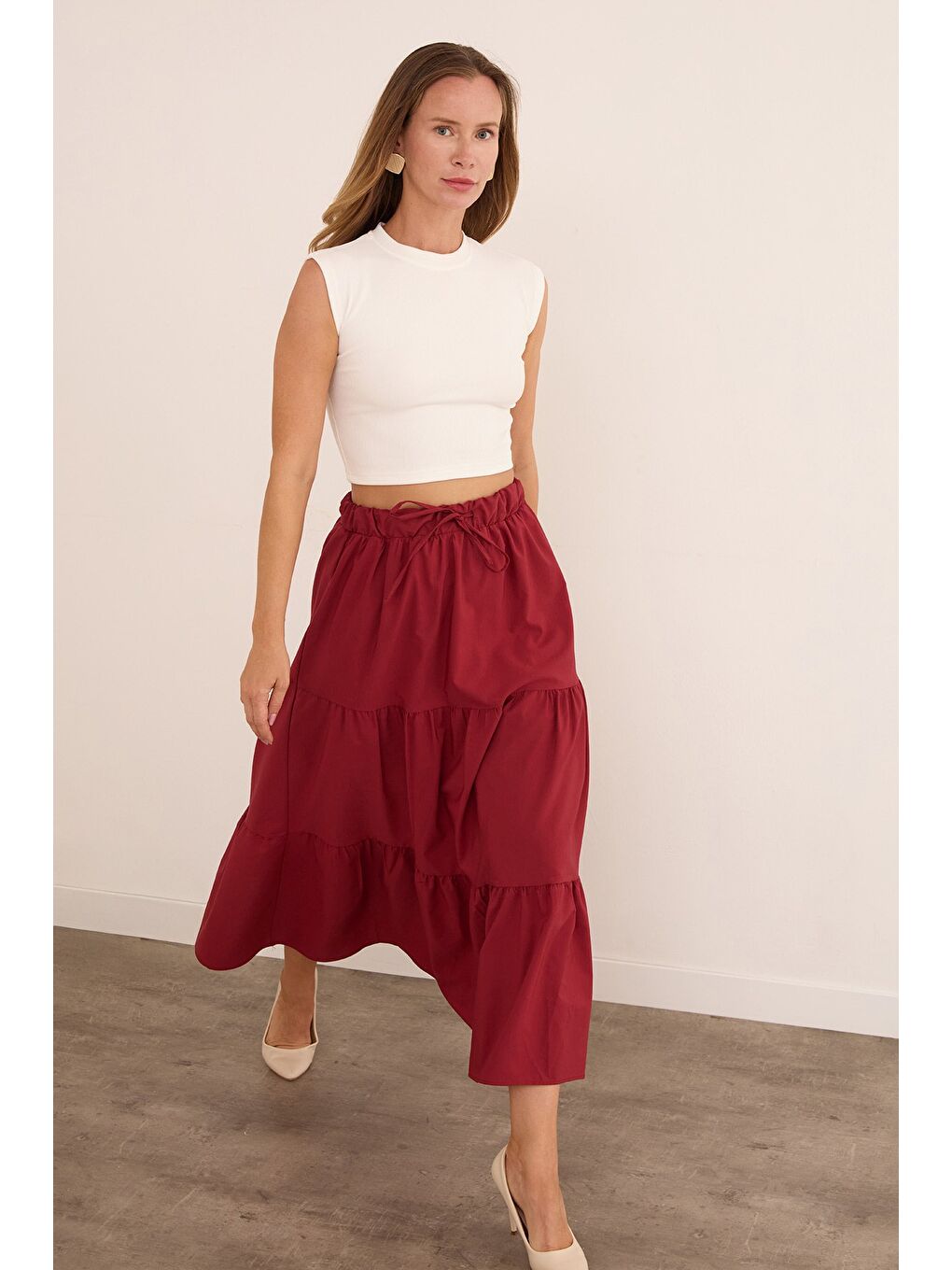 Bordo Beli Bağlamalı Terikoton Kumaş Etek