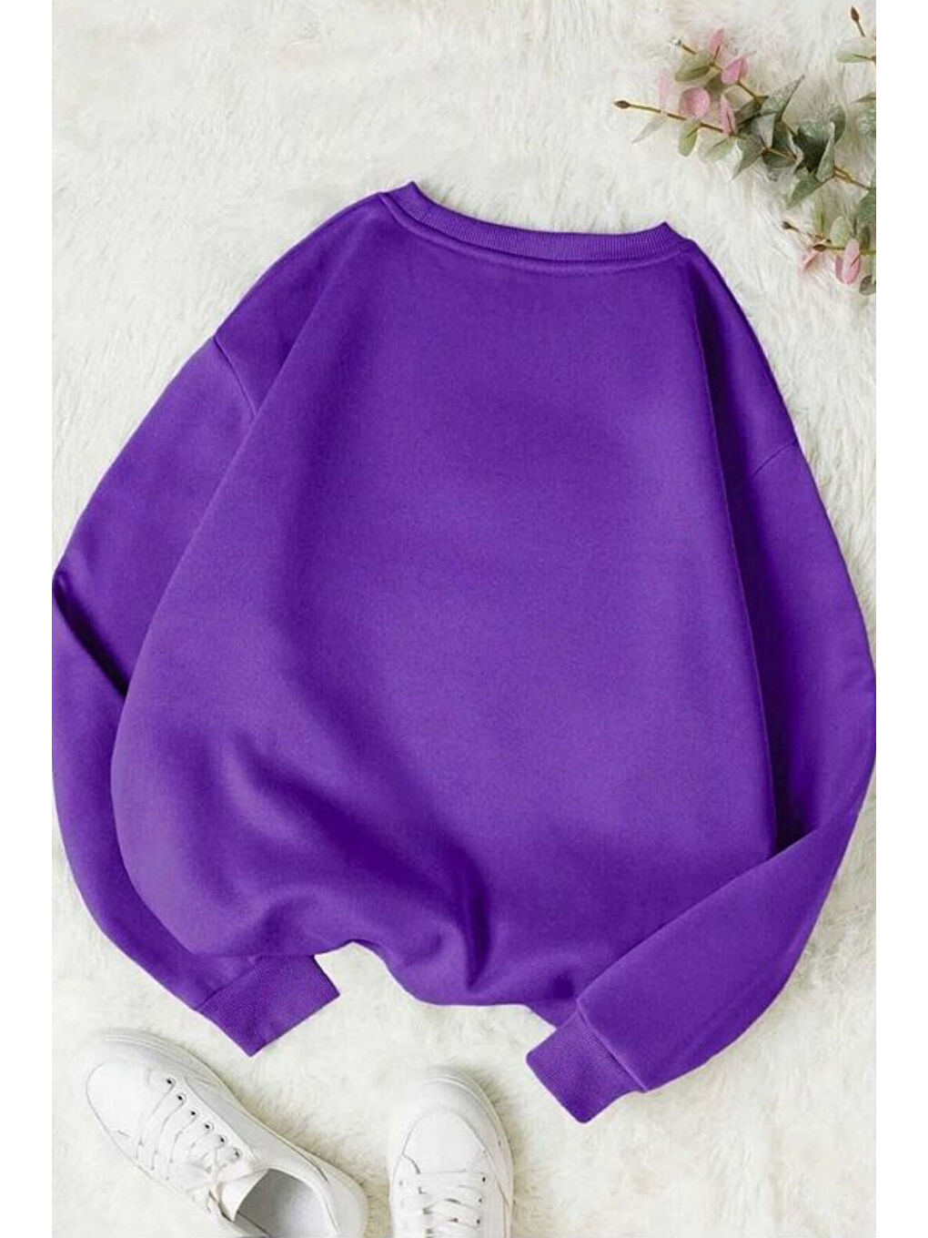 Kadın 3 Iplik Mor Düz Bisiklet Yaka Sweatshirt-1