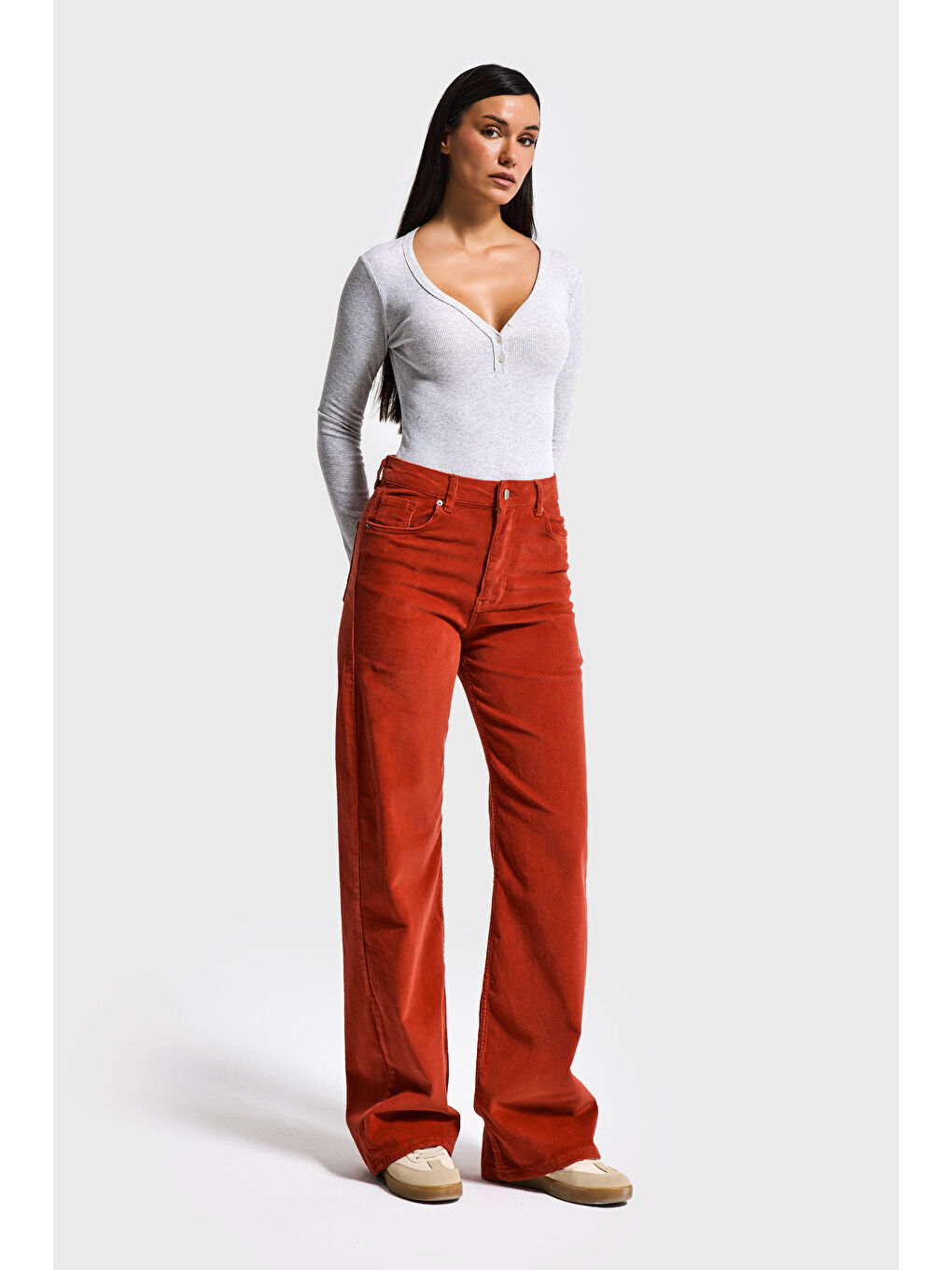 Kırmızı Kadın Kiremit Renk 26w5-104 İnce Fitilli Kadife Kumaş Straight Fit Pantolon-1