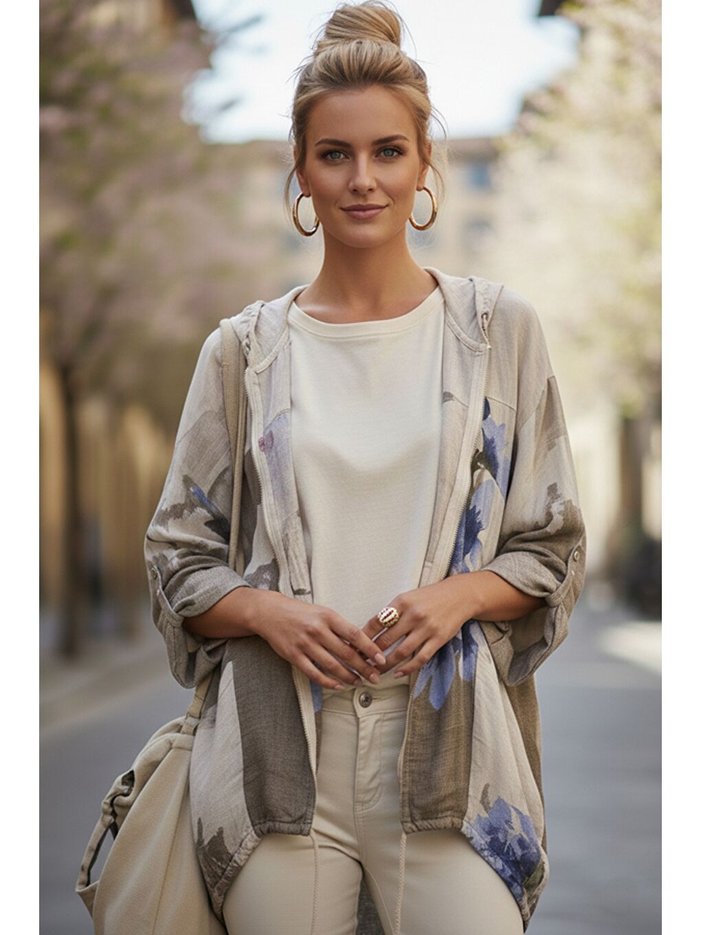 İtalyan Bej-Mavi Kapüşonlu 3/4 Kol Fermuarlı Cepli Casual Keten Görünümlü Dokuma Ceket 68 65-7