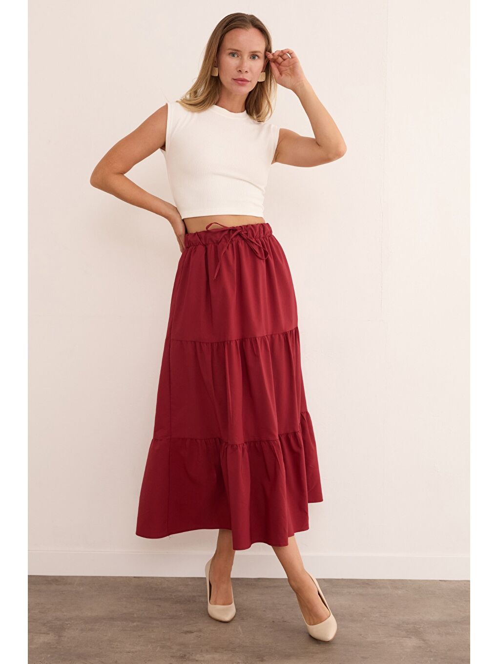 Bordo Beli Bağlamalı Terikoton Kumaş Etek-1