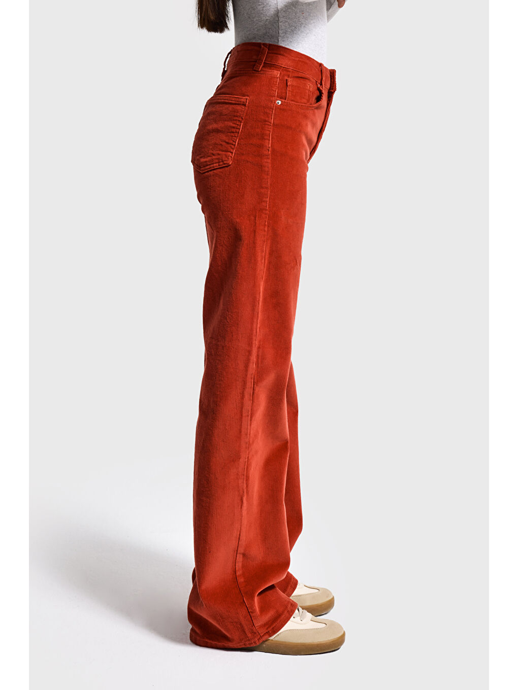 Kırmızı Kadın Kiremit Renk 26w5-104 İnce Fitilli Kadife Kumaş Straight Fit Pantolon-2