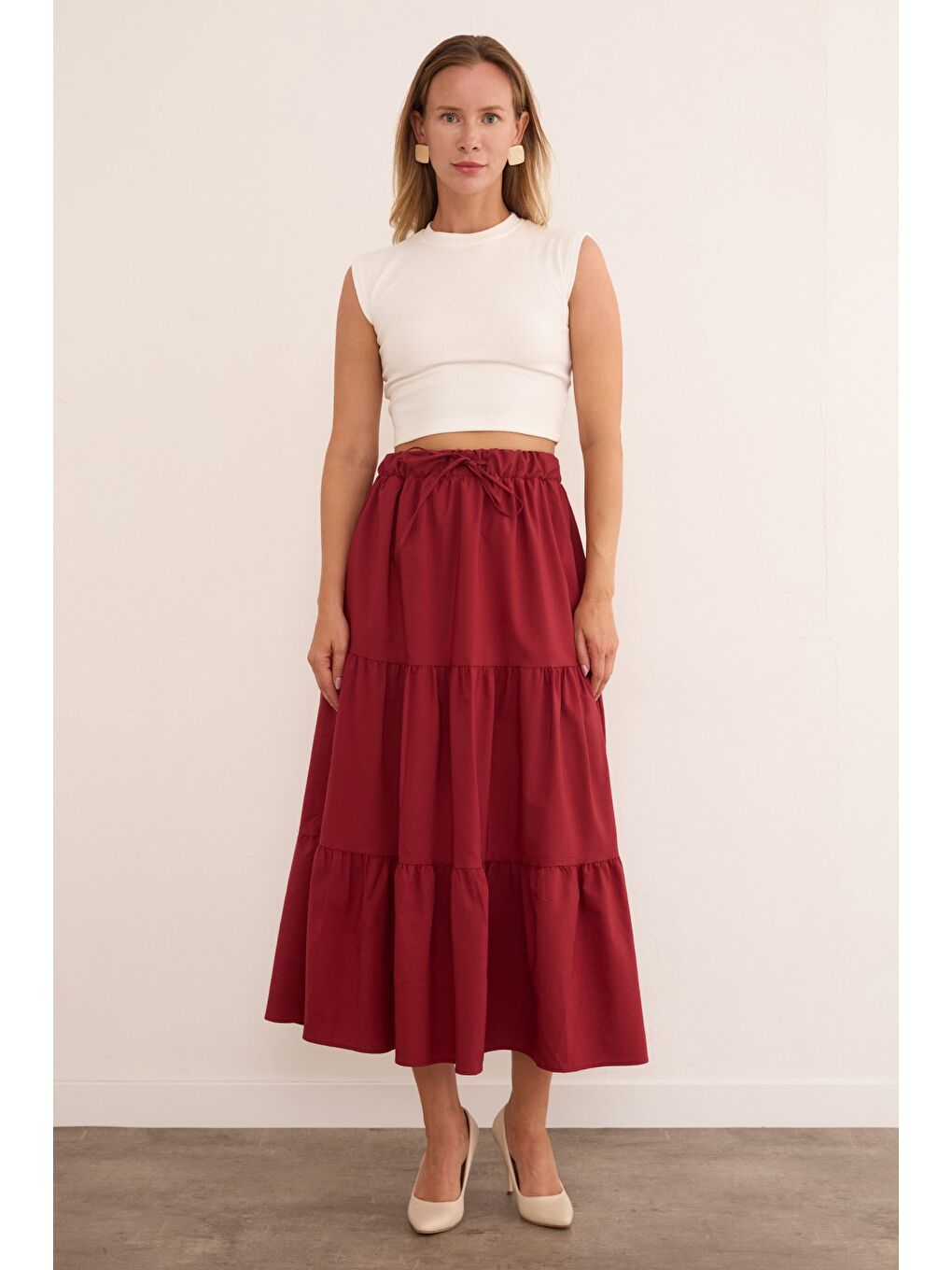 Bordo Beli Bağlamalı Terikoton Kumaş Etek-2