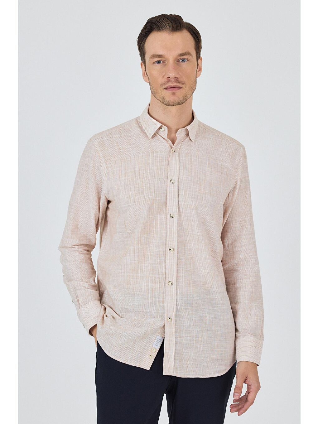 Pembe Açık Somon Uzun Kol Cepsiz Pamuk Casual Comfort Fit Gömlek 1004250127