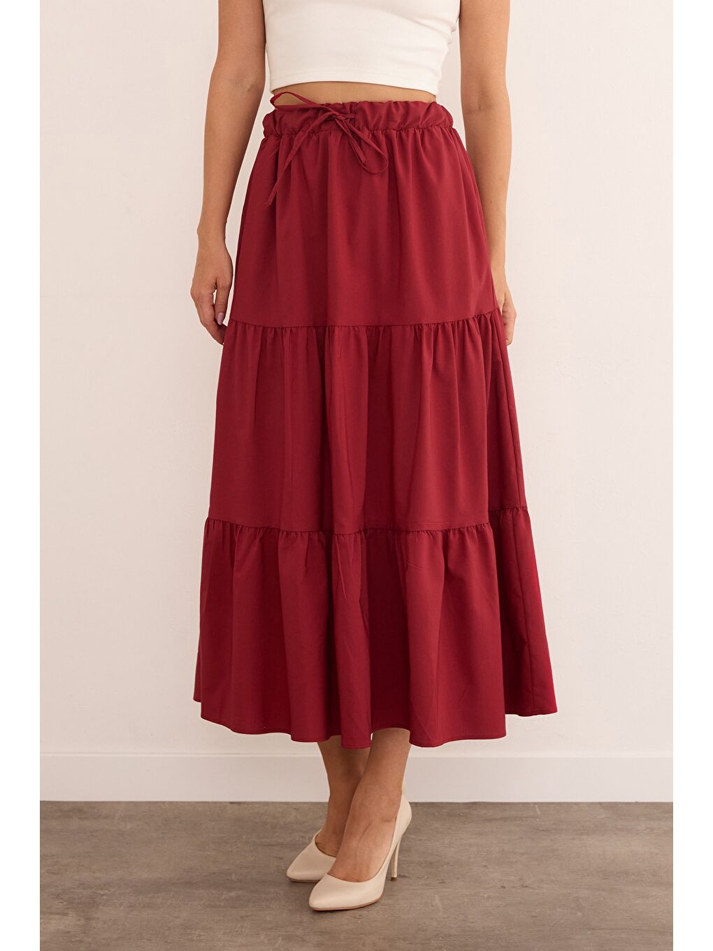 Bordo Beli Bağlamalı Terikoton Kumaş Etek-3