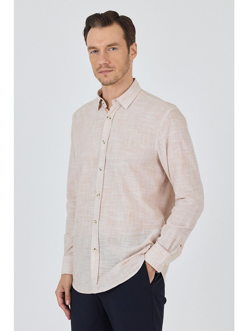 Pembe Açık Somon Uzun Kol Cepsiz Pamuk Casual Comfort Fit Gömlek 1004250127-2