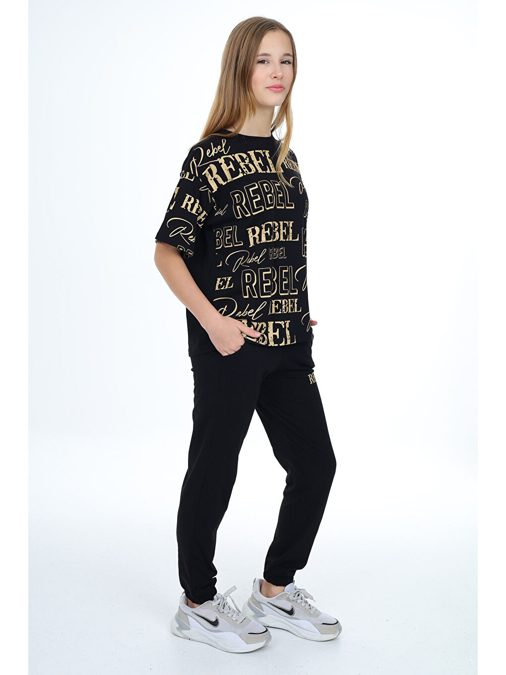 Siyah Kız Çocuk Yazı Baskılı Alt-Üst Takım 12155-3
