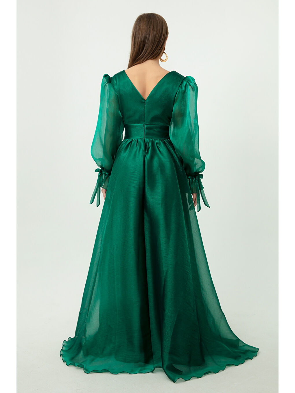 Kadın Zümrüt Yeşili Balon Kol V Yaka Uzun Abiye Elbise-4