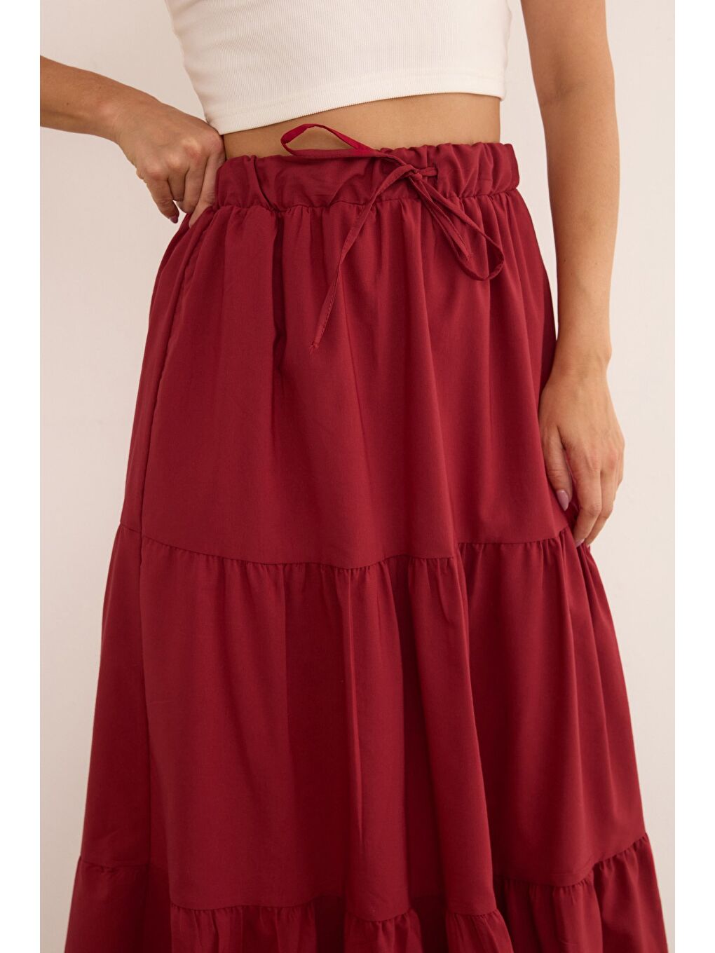 Bordo Beli Bağlamalı Terikoton Kumaş Etek-4