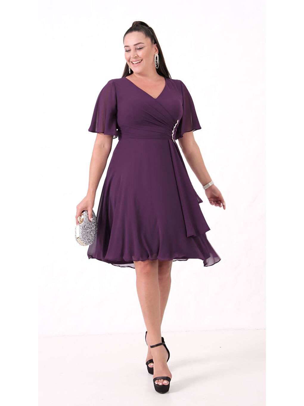 Kadın Mürdüm V Yaka Taşlı Büyük Beden Şifon Abiye Elbise