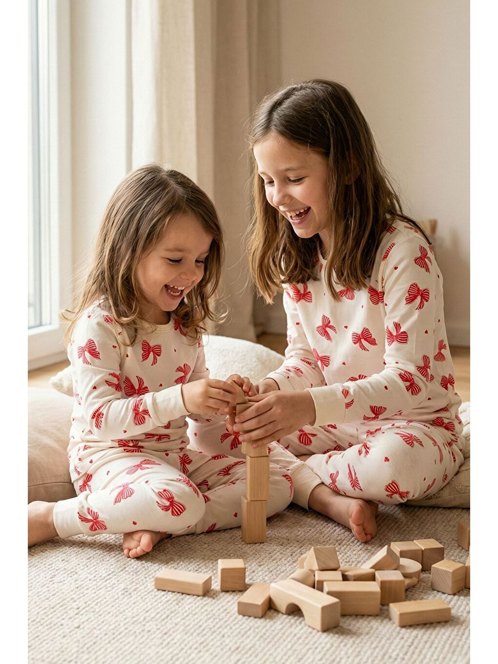 Ekru Renk Kırmızı Fiyonk Baskılı Kız Çocuk Pijama Takımı-4