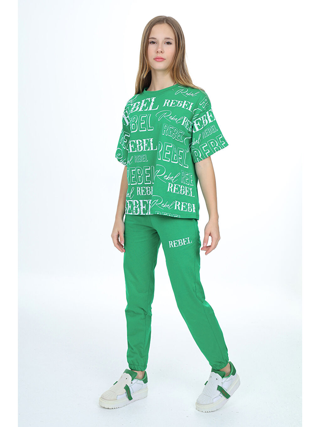 Yeşil Kız Çocuk Yazı Baskılı Alt-Üst Takım 12155-1