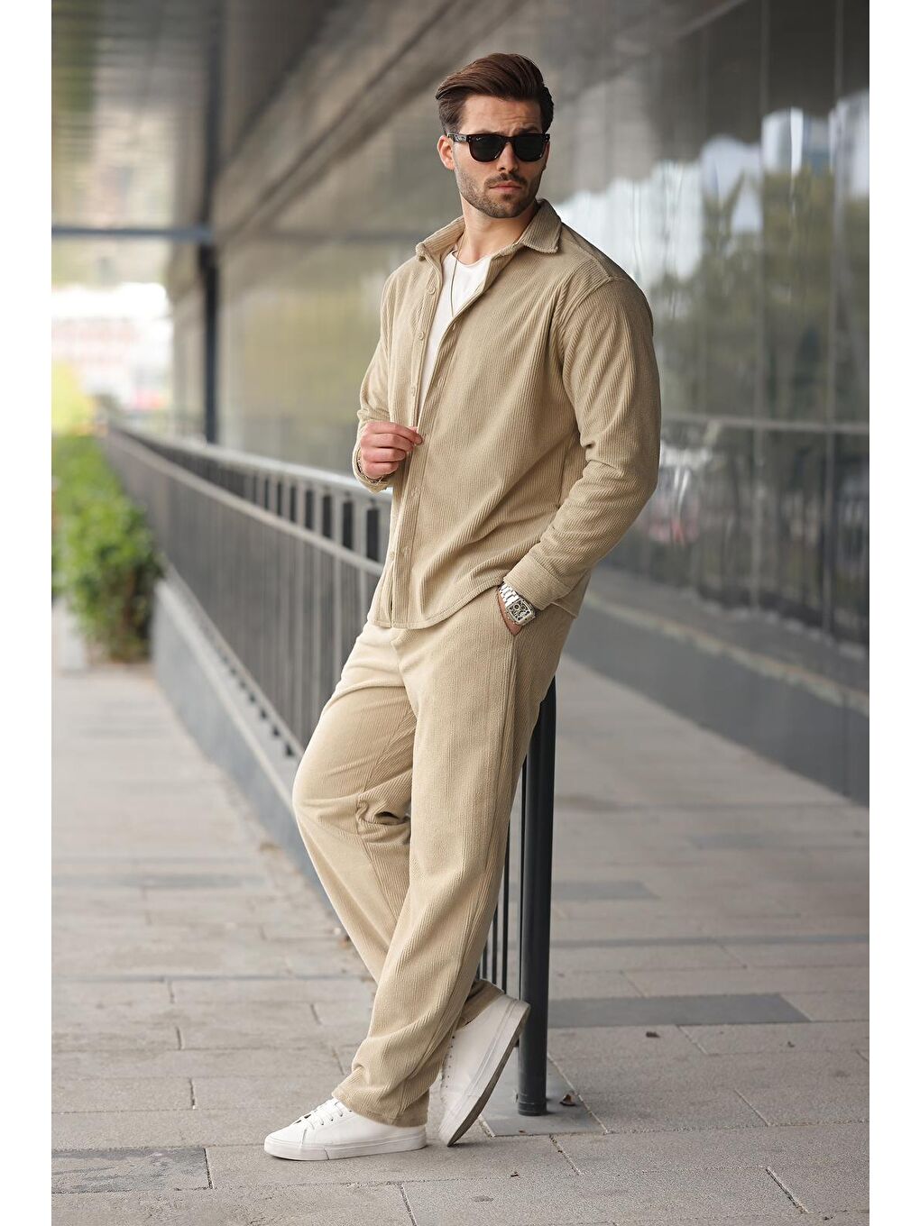 Bej Kadife Erkek Gömlek Pantolon Takım E7334