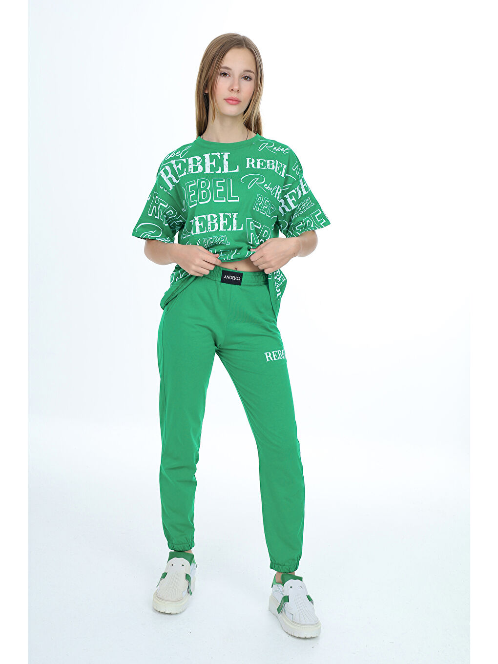 Yeşil Kız Çocuk Yazı Baskılı Alt-Üst Takım 12155-3
