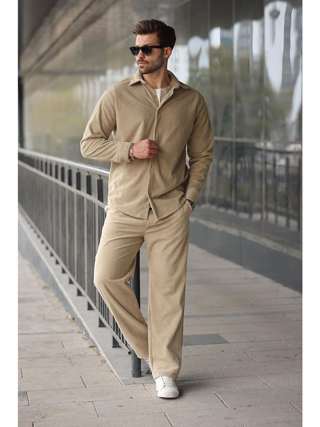 Bej Kadife Erkek Gömlek Pantolon Takım E7334-1