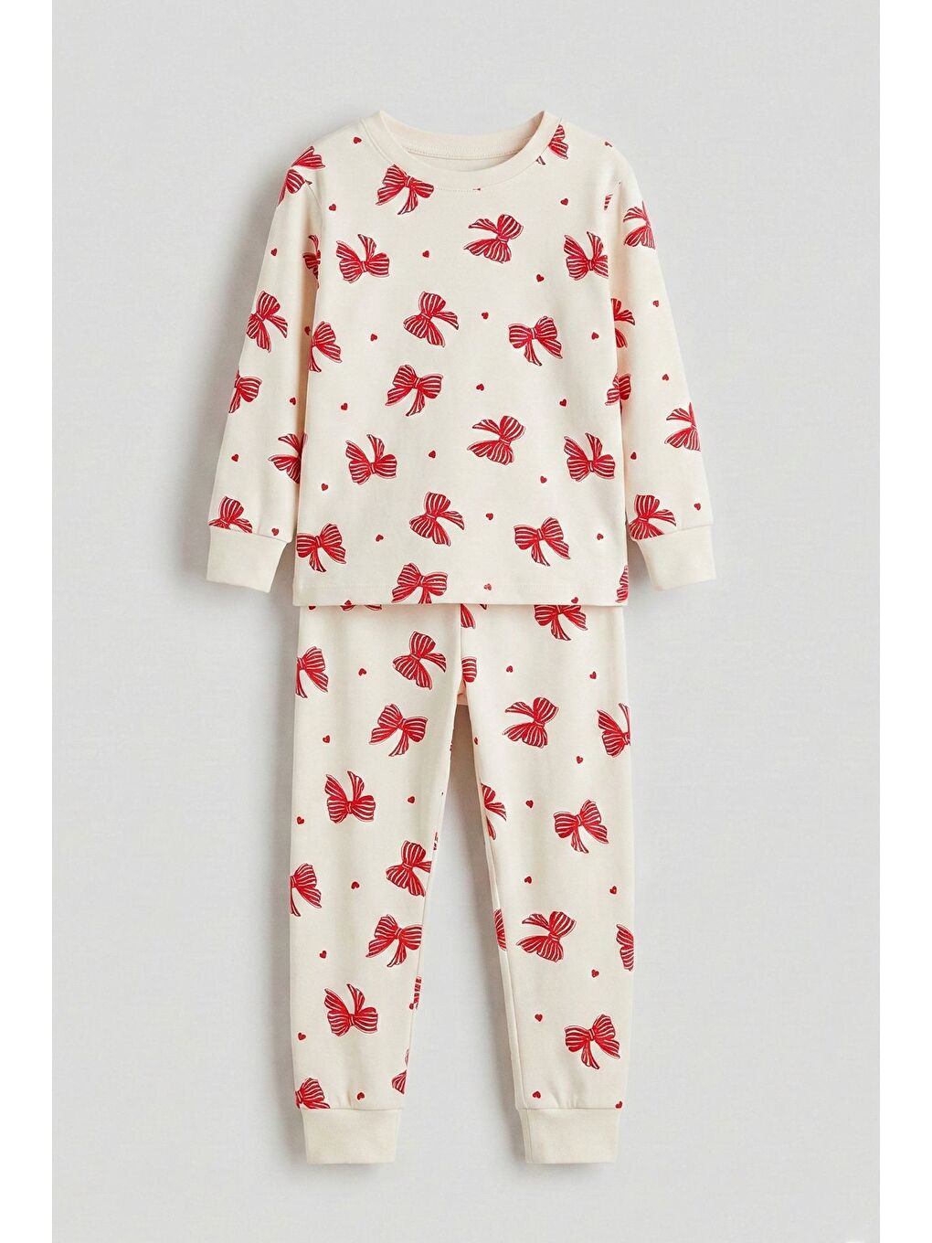 Ekru Renk Kırmızı Fiyonk Baskılı Kız Çocuk Pijama Takımı-5
