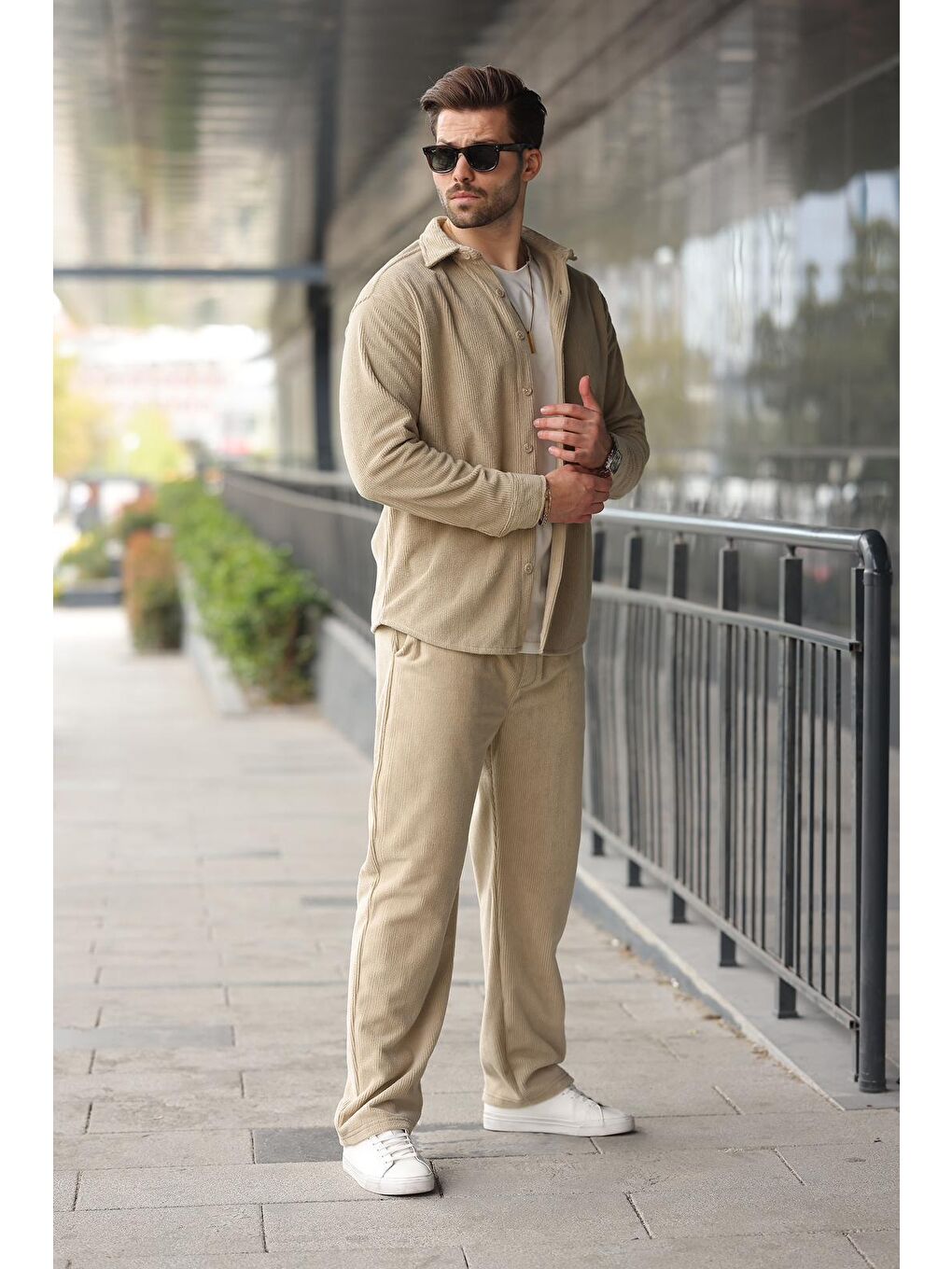 Bej Kadife Erkek Gömlek Pantolon Takım E7334-2