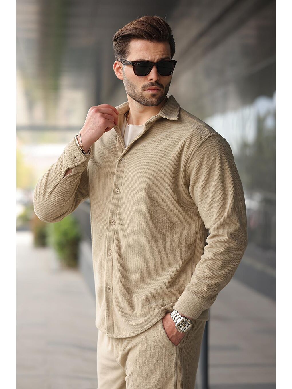 Bej Kadife Erkek Gömlek Pantolon Takım E7334-3