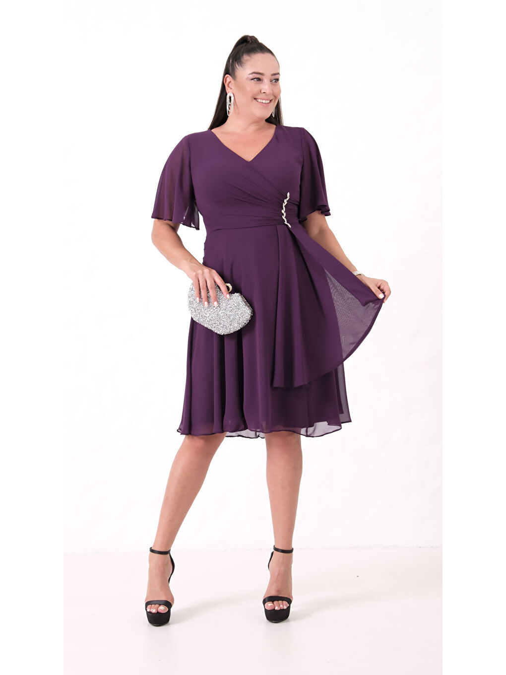 Kadın Mürdüm V Yaka Taşlı Büyük Beden Şifon Abiye Elbise-1