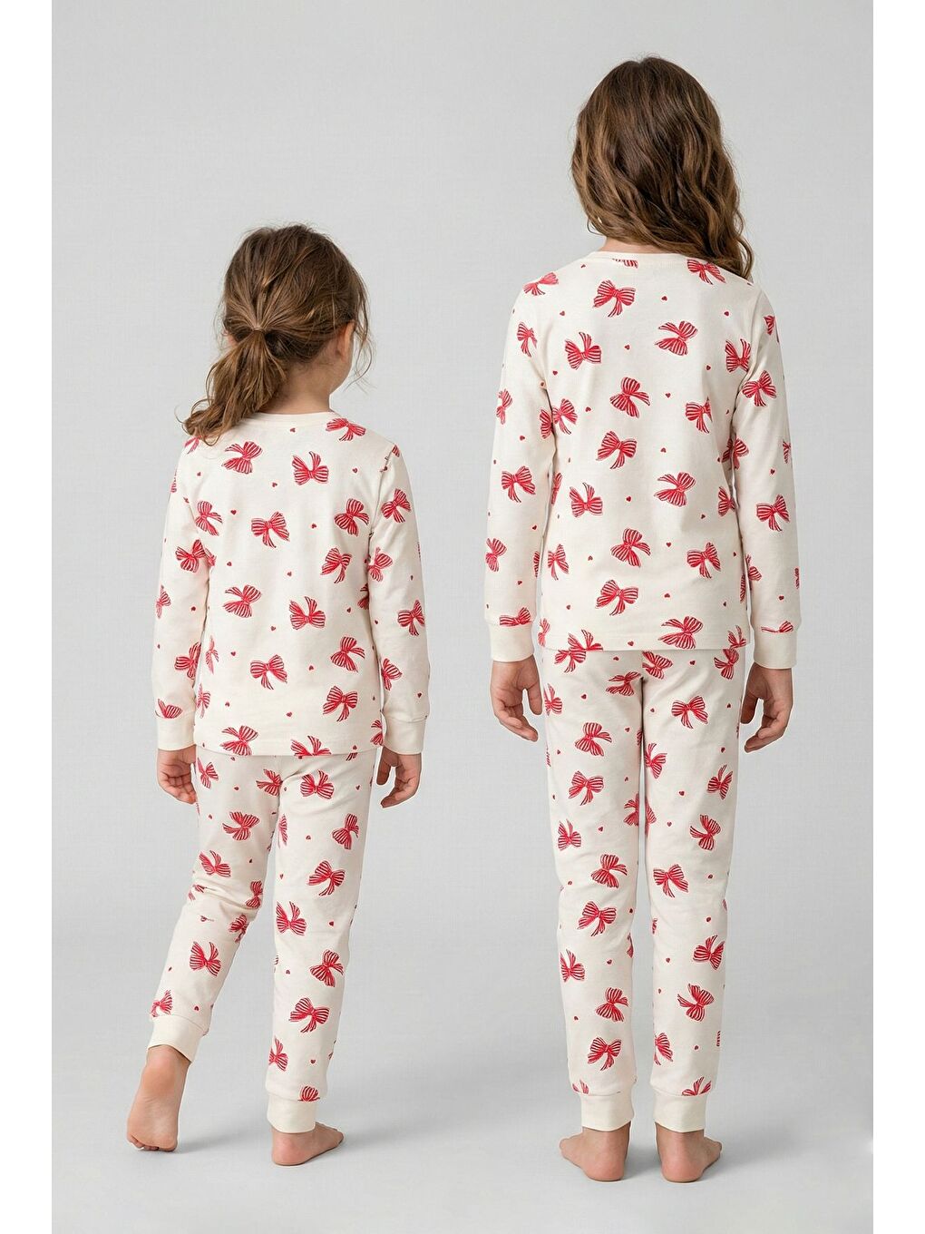 Ekru Renk Kırmızı Fiyonk Baskılı Kız Çocuk Pijama Takımı-6